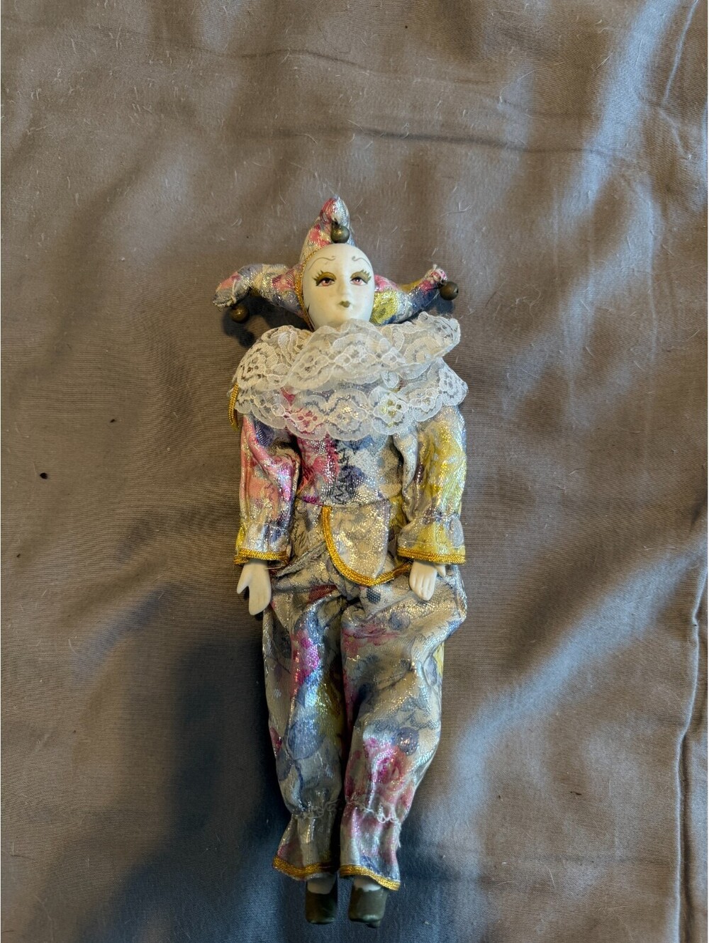 Vintage Porcelain Harlequin Jester Doll Metallic Floral Brocade Lace Collar Bell